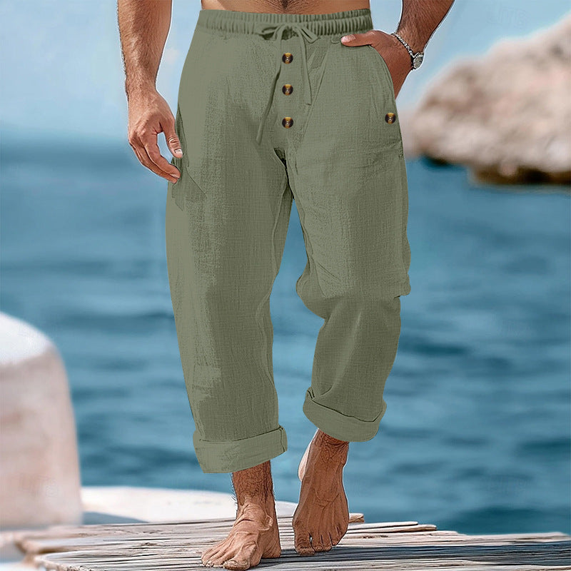 Herren nan lockere Leinen-Baumwoll-Hose mit elastischem Bund, Kordelzug und aufgekrempeltem Saum