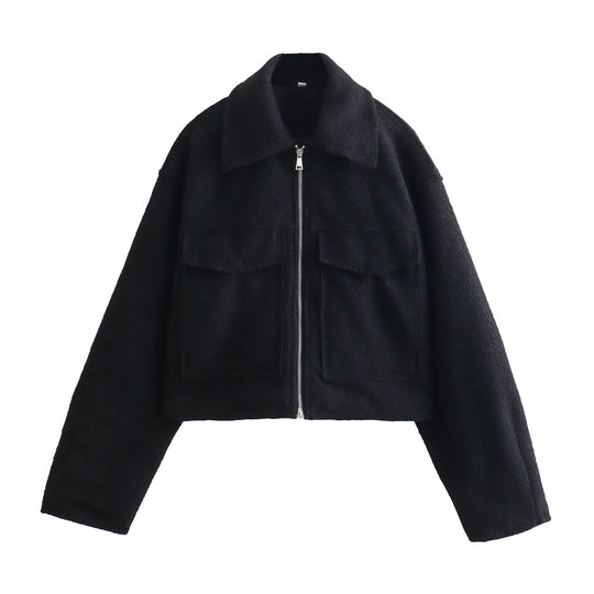 Damen Kurze Bouclé‑Jacke im Boxy‑Cut mit Reißverschluss und Pattentaschen Shop Nory