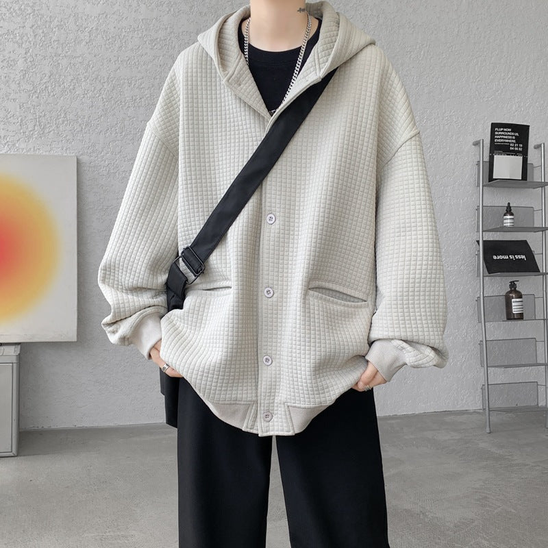 Herren Oversize-Stepp-Kapuzenjacke mit Waffelstruktur, Knopfleiste und Eingrifftaschen Shop Nory