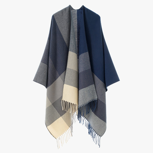 Damen Farbblock-Poncho aus Wollmix mit Fransensaum und asymmetrischem Schnitt Shop Nory
