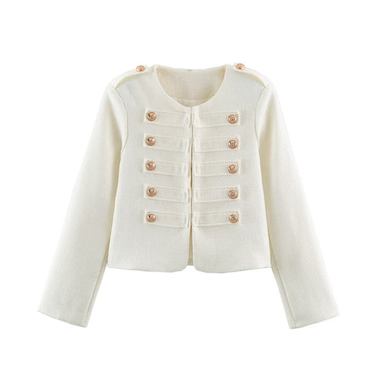 Damen Kurze Bouclé-Jacke im Militärstil mit Zierleisten und goldenen Knöpfen Shop Nory