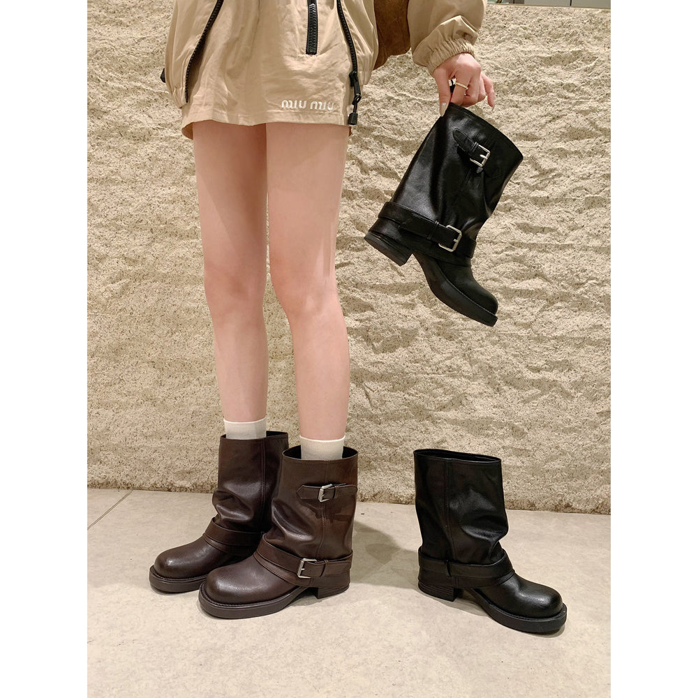 Damen Wadenhohe Bikerstiefel aus Glattleder mit Doppelschnallen und gerafftem Schaft Shop Nory