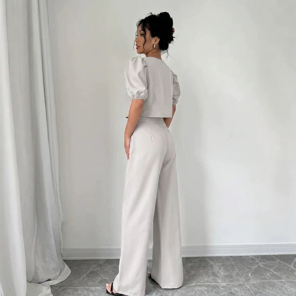 Damen Zweiteiliges Tailoring-Set mit Kurzjacke, Puffärmeln und hochgeschnittener Weithose Shop Nory