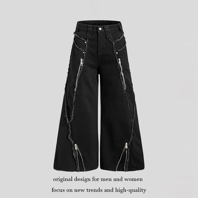Damen weite Denim-Culotte mit Fransen-Details und Zipper-Akzenten Shop Nory