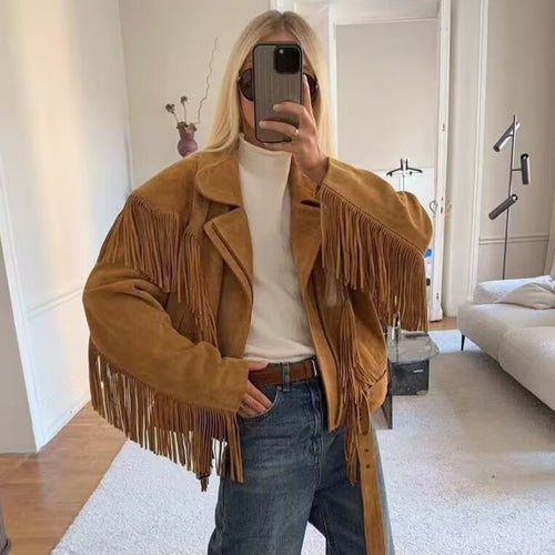 Damen Wildlederoptik Fransenjacke mit Oversized‑Schnitt, Taillengürtel und Statement‑Ärmeln Shop Nory