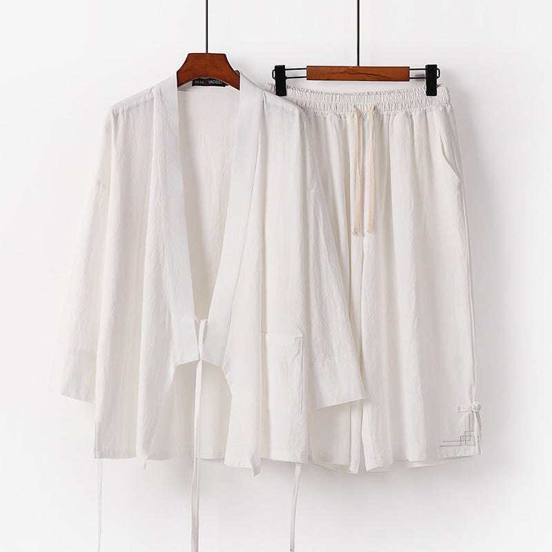 Damen Zen-Kimono-Lounge-Set aus atmungsaktivem Baumwollmix mit Bindebandjacke und weiten Culotte-Hose Shop Nory