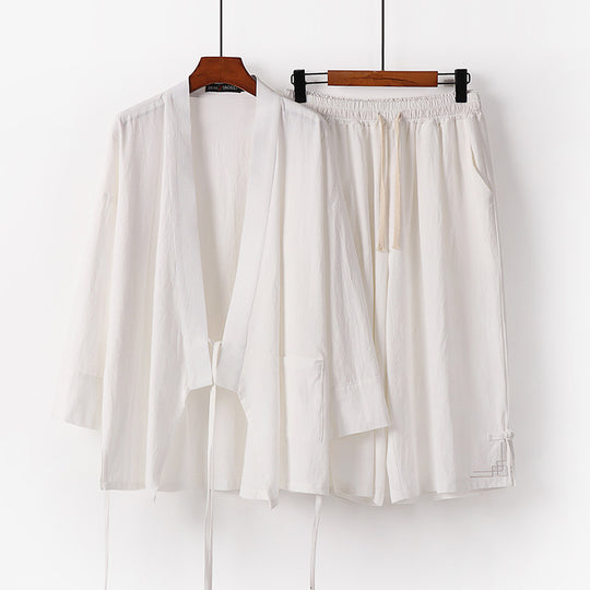 Damen Zen-Kimono-Lounge-Set aus atmungsaktivem Baumwollmix mit Bindebandjacke und weiten Culotte-Hose Shop Nory