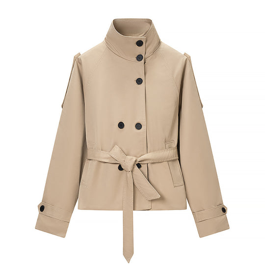 Damen Kurz geschnittener taillierter Trenchcoat mit hoher Knopfleiste und Taillengürtel Shop Nory
