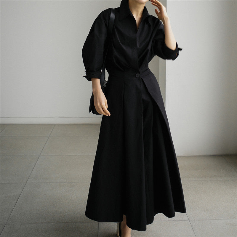Damen Midaxi-Hemdblusenkleid mit tailliertem Drapé und weitem Tellerrock Shop Nory