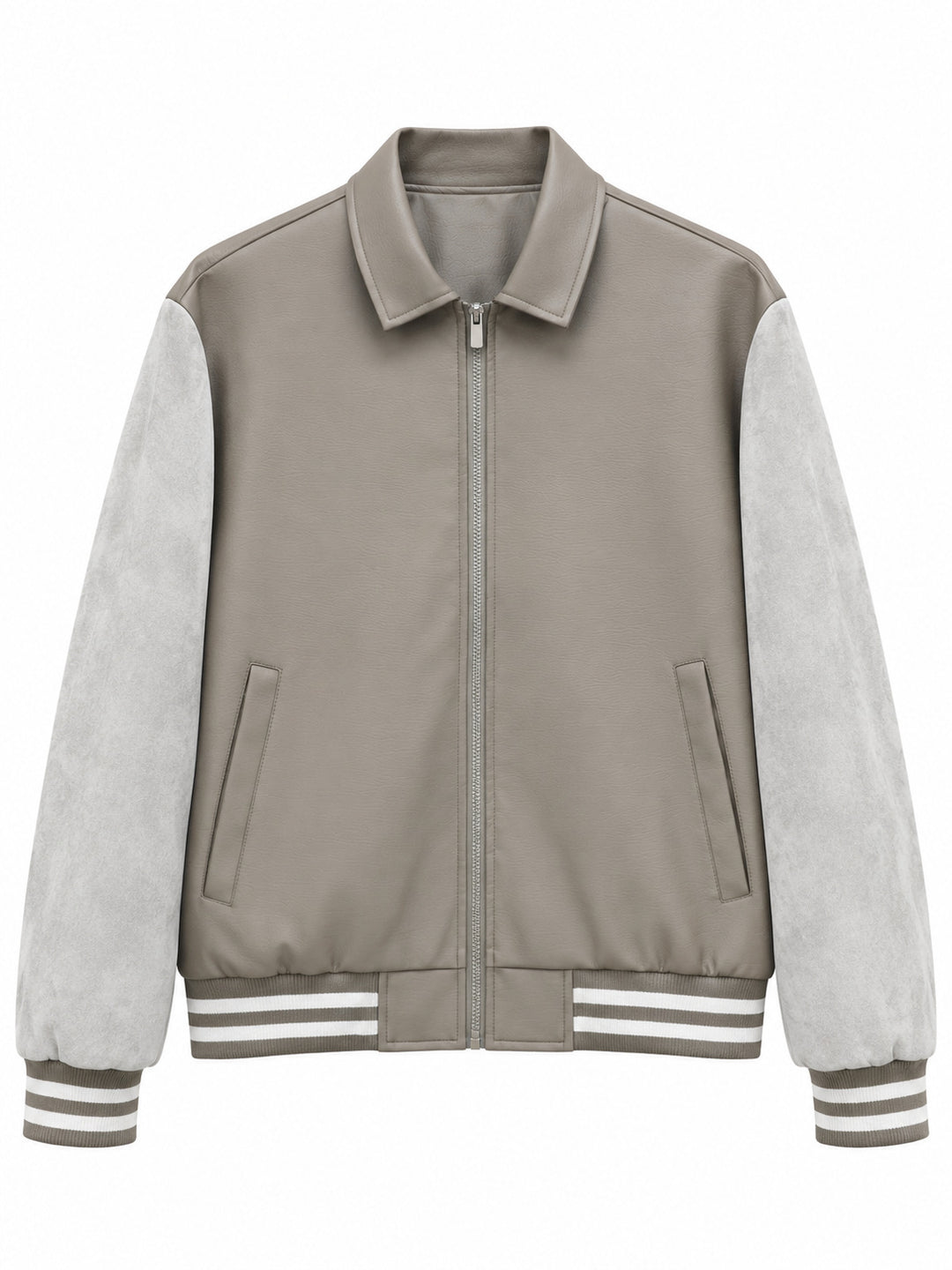 Herren Retro Letterman‑Bomber mit glattem Kunstlederkörper und Veloursärmmel-Detail Shop Nory