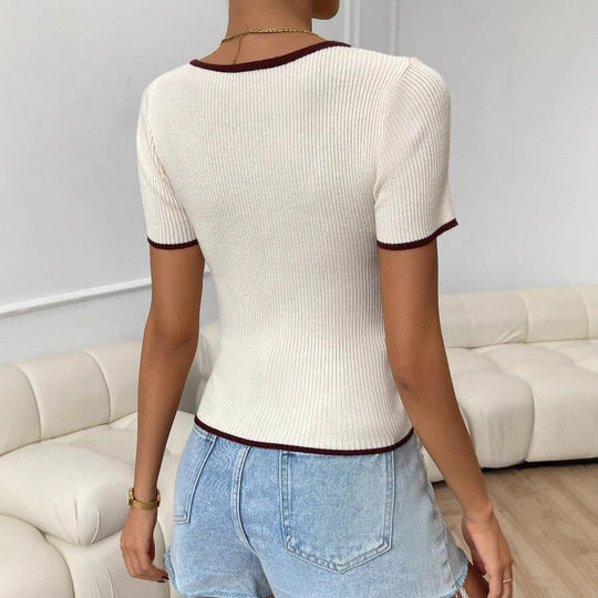Damen figurbetontes Ripp-Top mit tiefem V-Ausschnitt und kontrastierenden Rändern Shopnory