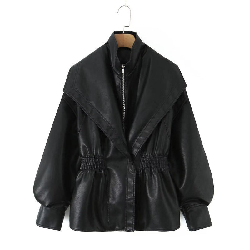 Damen Kunstlederjacke mit weitem Schalkragen und gerafftem Taillenbund Shop Nory