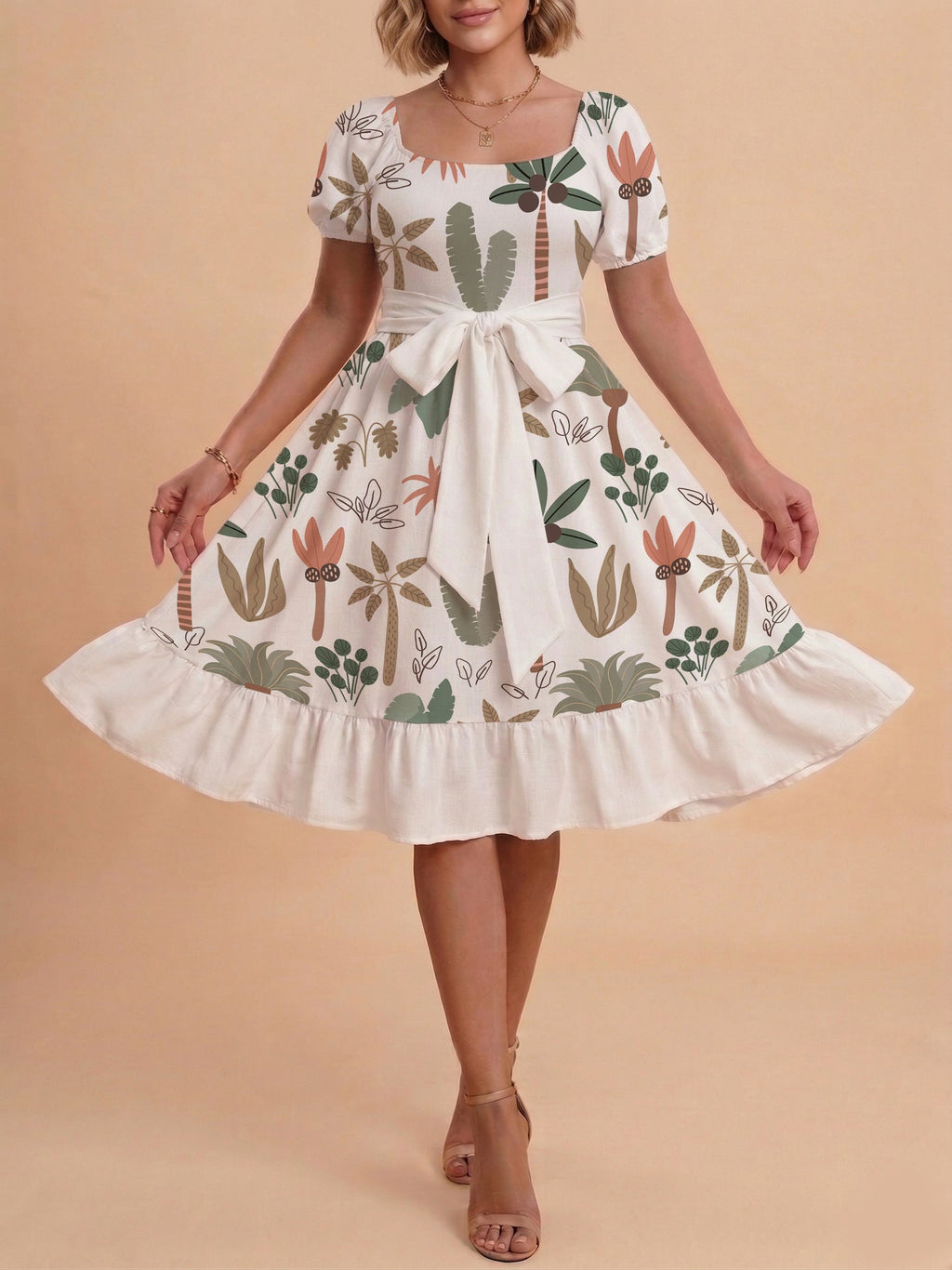 Damen Sommerliches Blumenkleid mit taillierbarem Gürtel und voluminösen Ärmeln