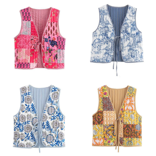 Damen Patchwork-Weste mit Bindeband und V-Ausschnitt Shop Nory
