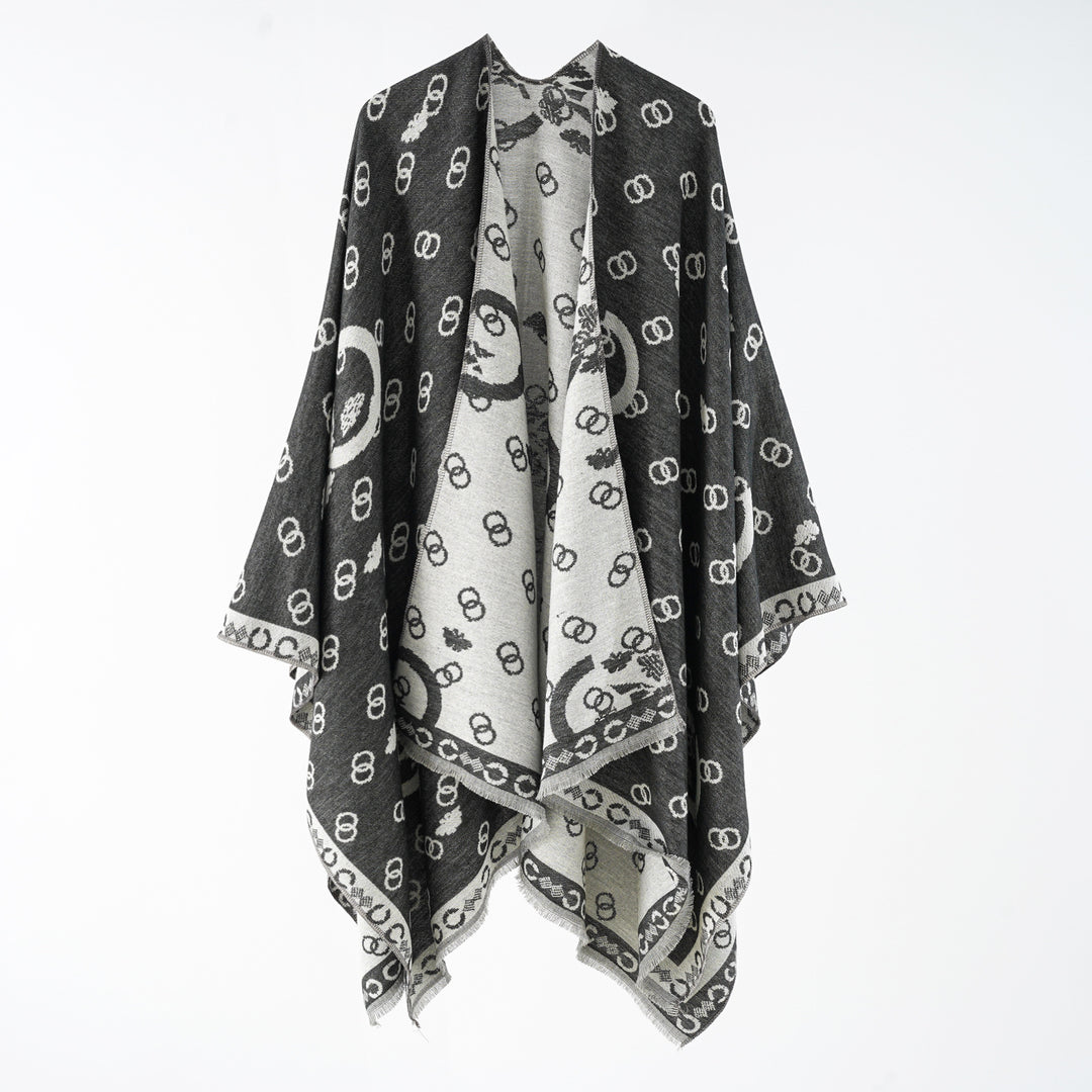 Damen Wendbarer Jacquard-Überwurf mit Fransen und großzügiger Wrap-Silhouette Shop Nory