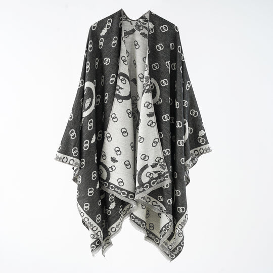 Damen Wendbarer Jacquard-Überwurf mit Fransen und großzügiger Wrap-Silhouette Shop Nory