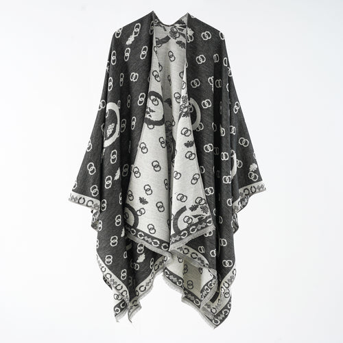 Damen Wendbarer Jacquard-Überwurf mit Fransen und großzügiger Wrap-Silhouette Shop Nory