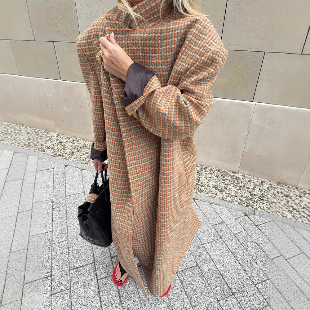 Damen Oversize Wollmantel mit Hahnentritt-Muster und Taillengürtel Shop Nory