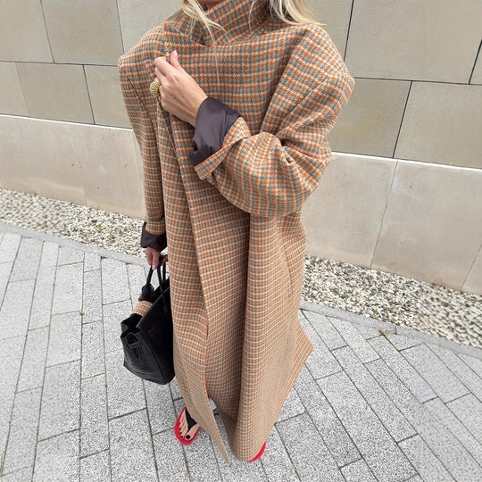 Damen Oversize Wollmantel mit Hahnentritt-Muster und Taillengürtel Shop Nory