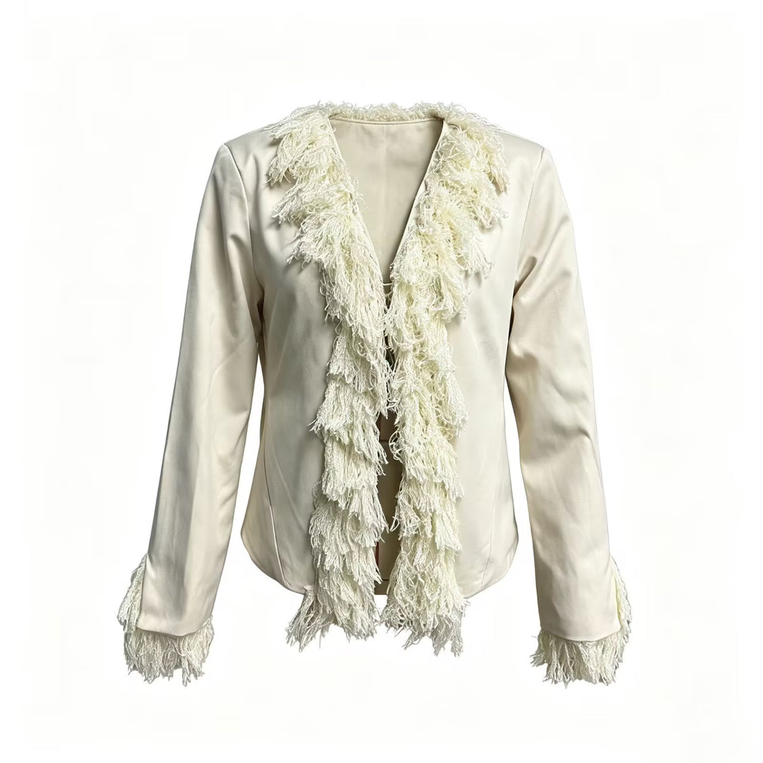 Damen Kurzblazer mit fransenbesetztem Schalkragen und dekorativen Ärmelabschlüssen Shop Nory