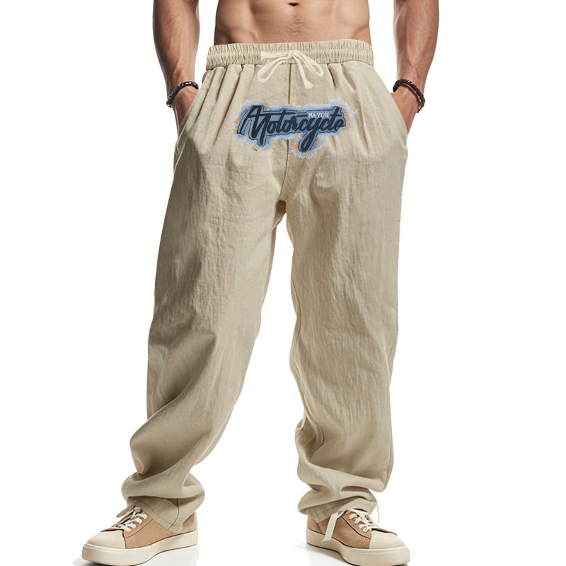 Herren Locker sitzende Leinenoptik-Relaxhose mit elastischem Bund, Kordelzug & Frontprint Shop Nory