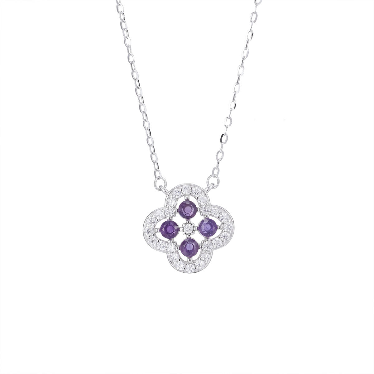 Damen Halskette mit floralem Amethyst-Anhänger und funkelnden Zirkonia-Elementen Shop Nory
