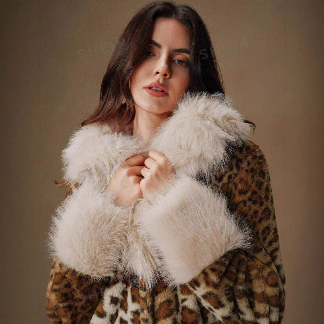 Damen Midilanger Kunstpelzmantel im Animal-Look mit abgesetztem Langhaar-Kragen und Manschetten Shop Nory