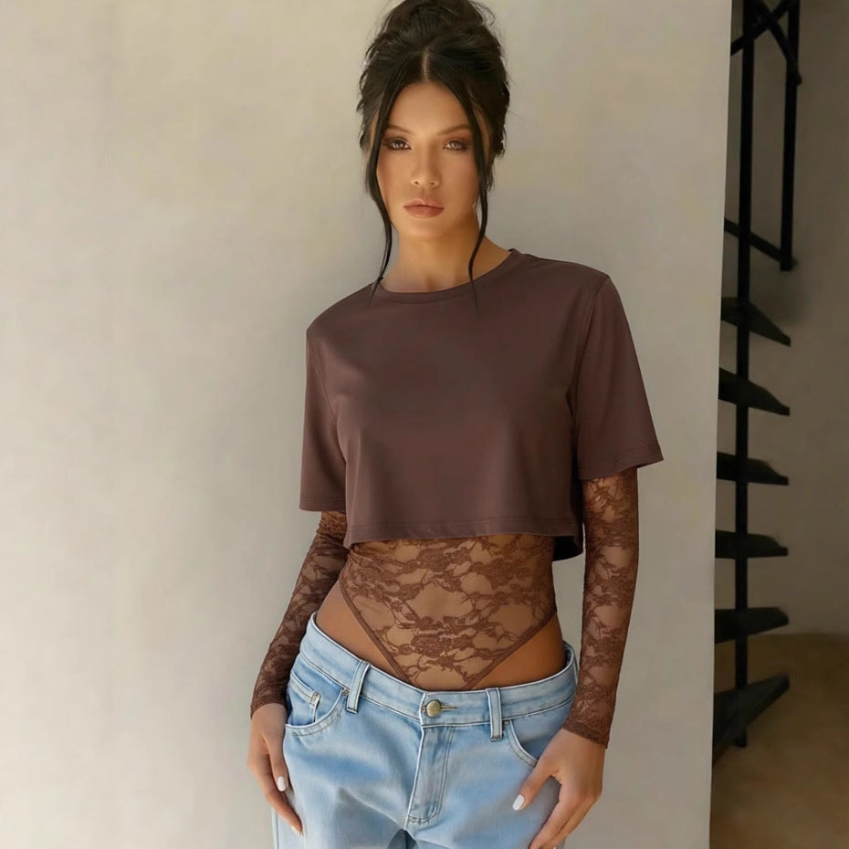 Damen Kurzschnitt-Shirt mit transparentem Spitzen-Bodysuit-Overlay Shop Nory
