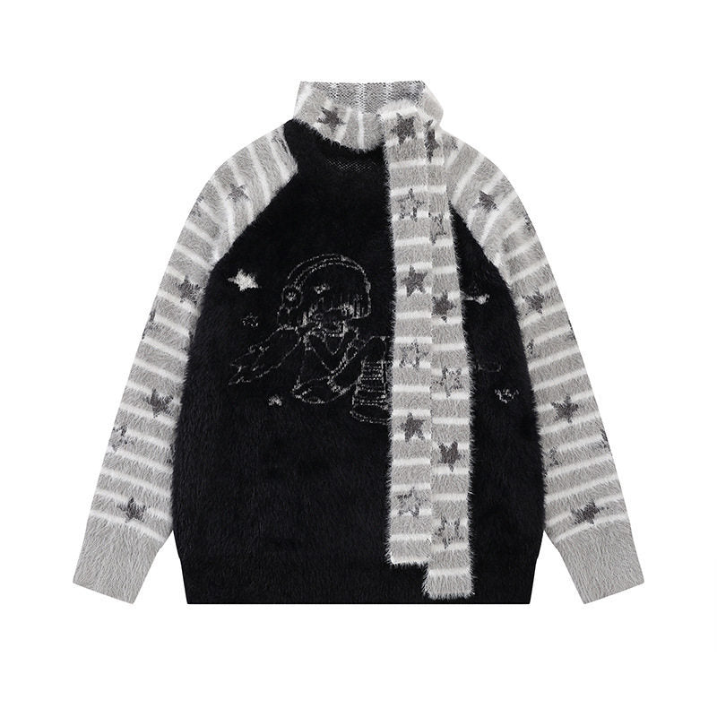 Damen Weicher Fluffy‑Strickpullover mit integrierter Schlauchschal und Manga‑Illustration Shop Nory