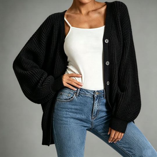 Damen Oversize Grobstrick-Cardigan mit Ballonärmeln und Knopfleiste Shop Nory