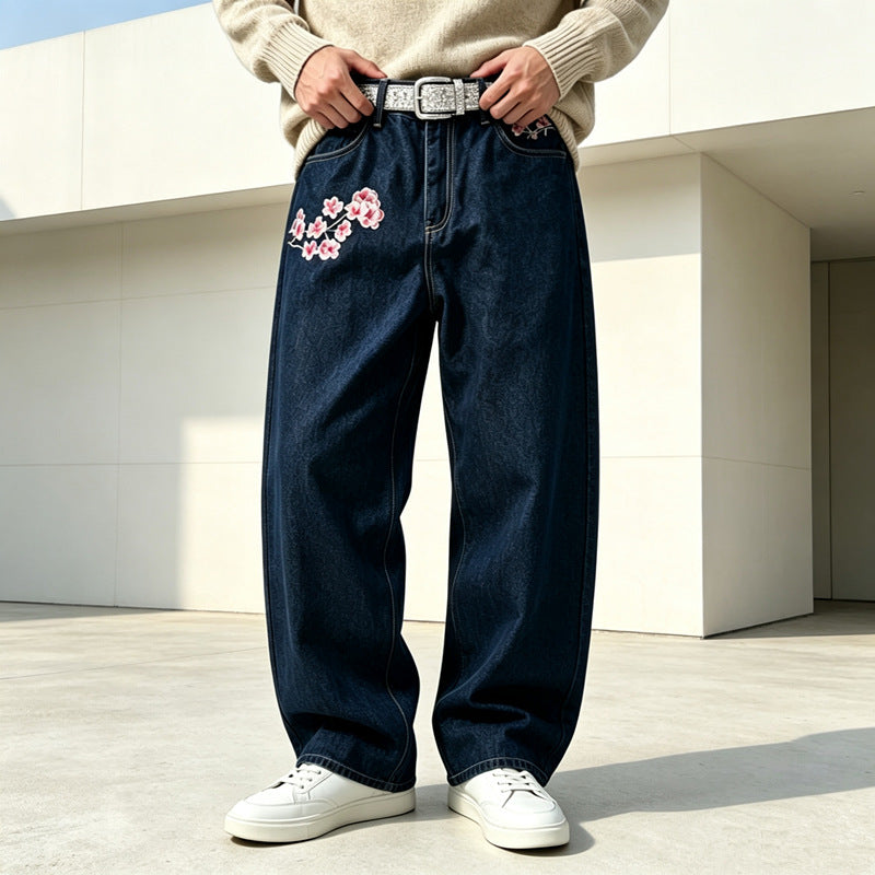 Herren Modische Weit geschnittene Denim-Hose mit Blumenstickerei Shop Nory