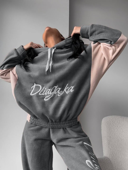 Damen kuscheliges Hoodie-Set mit kontrastärmel, elastischer High-Waist-Jogginghose und überschnittener Kapuze Shop Nory