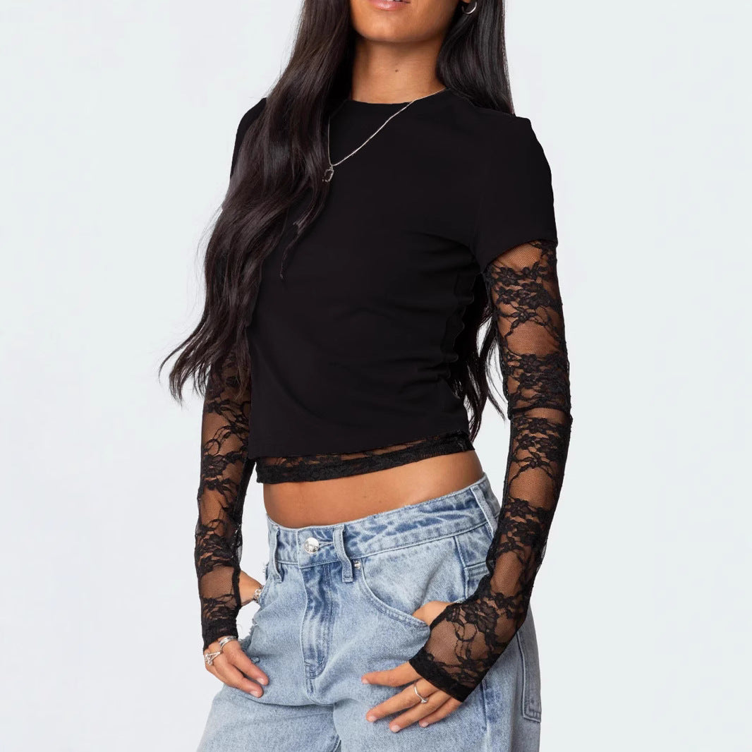 Damen Kurzgeschnittenes T‑Shirt mit transparenten Spitzenärmeln Shop Nory