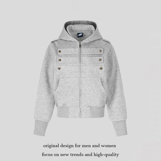 Damen Kurz geschnittene Kapuzen-Sweatjacke im Military-Camo mit dekorativen Stern‑Strapdetails Shop Nory