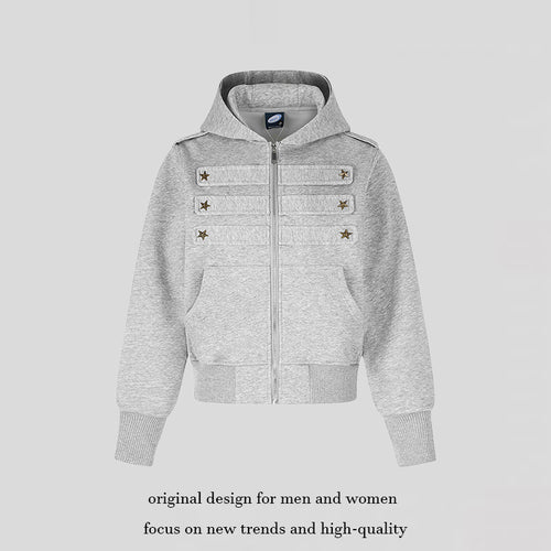Damen Kurz geschnittene Kapuzen-Sweatjacke im Military-Camo mit dekorativen Stern‑Strapdetails Shop Nory