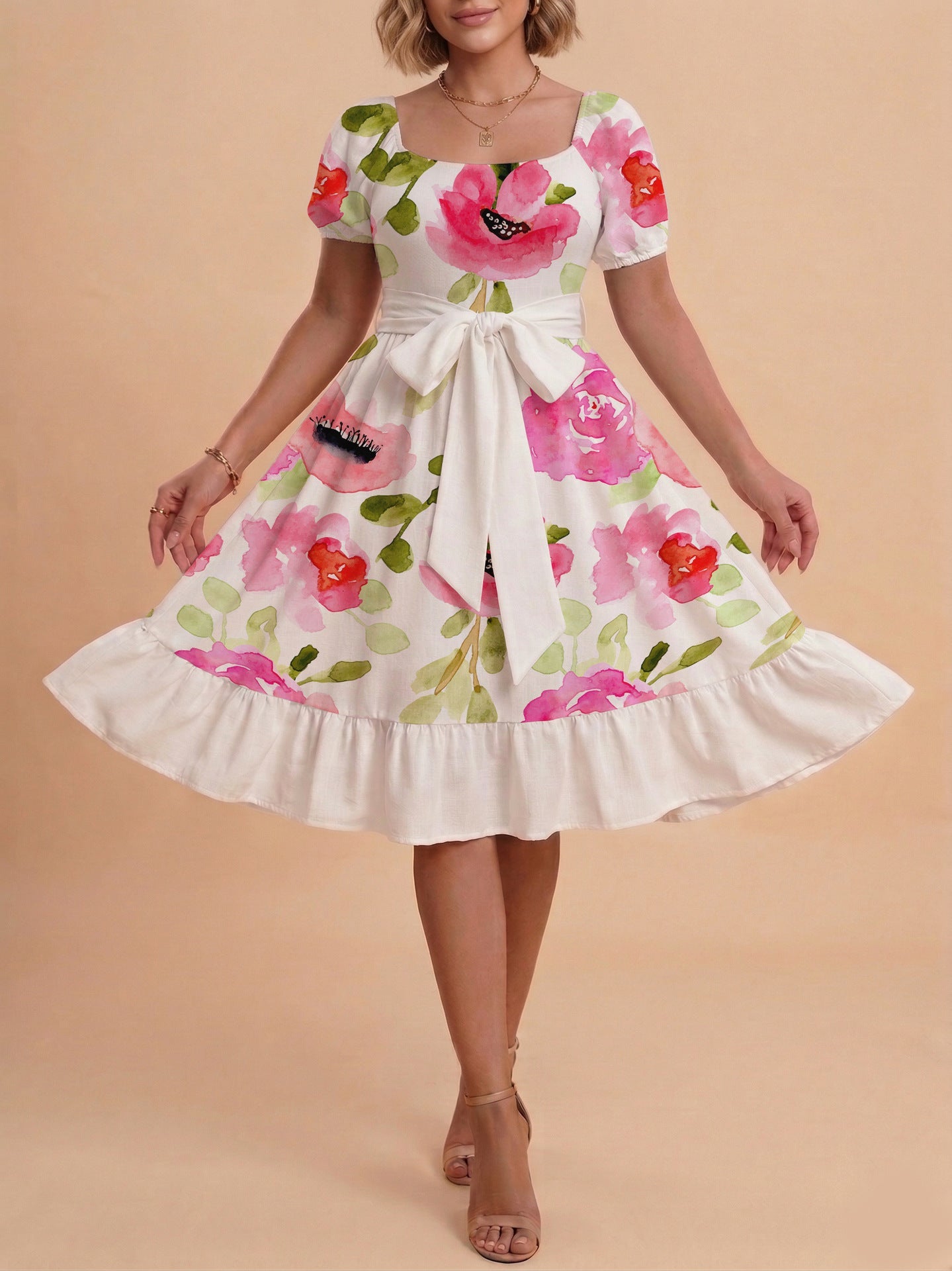 Damen Sommerliches Blumenkleid mit taillierbarem Gürtel und voluminösen Ärmeln