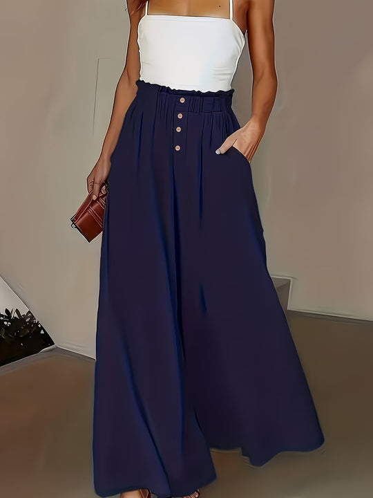 Damen weite Leinenhose mit hohem, gerafftem Bund und Knopfverzierung Shop Nory