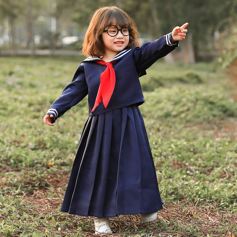 Mädchen Matrosenkleid mit großem Kragen und rotem Halstuch Shop Nory