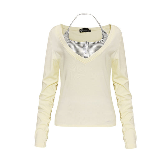 Damen Langarm-Shirt mit doppeltem Layer‑Effekt, tiefem V‑Ausschnitt und gestreiftem Einsatz Shop Nory