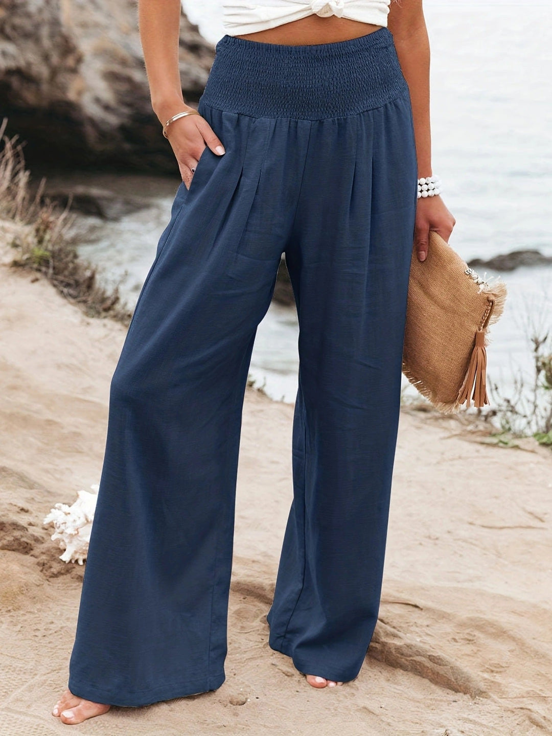 Damen weite Leinenhose mit elastischem Bund