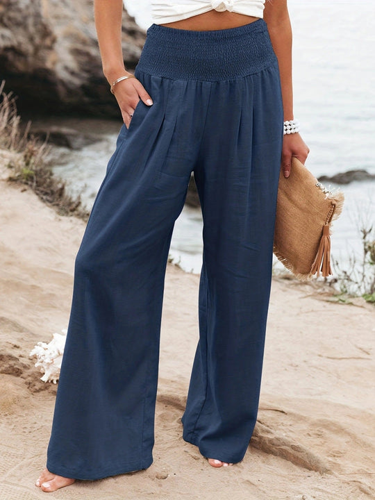Damen weite Leinenhose mit elastischem Bund