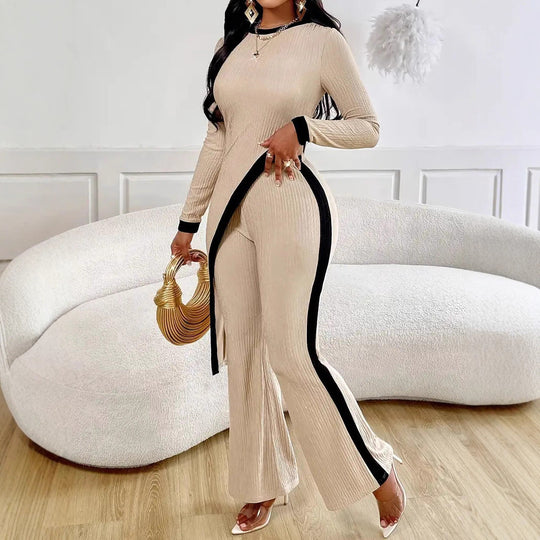 Damen nan eleganter Rippen-Jumpsuit mit asymmetrischer Wickeloptik, taillierendem Cut-Out und kontrastierenden Seitenstreifen Shop Nory