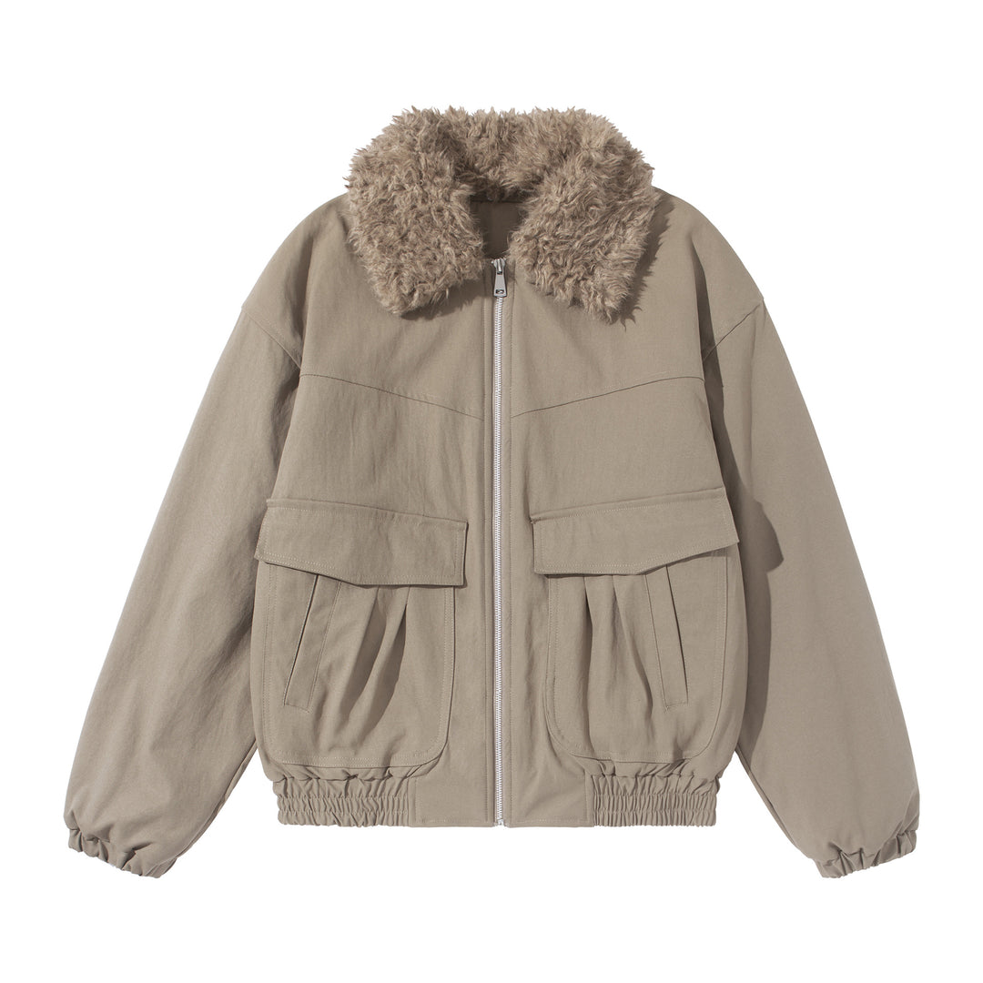 Damen Kurzblouson mit voluminösem Faux‑Fur‑Kragen, Känguru‑Taschen und elastischem Saum Shop Nory