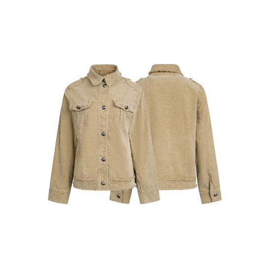 Damen Kurz geschnittene Cordjacke mit Fransenabschlüssen, Hemdkragen und Pattentaschen Shop Nory