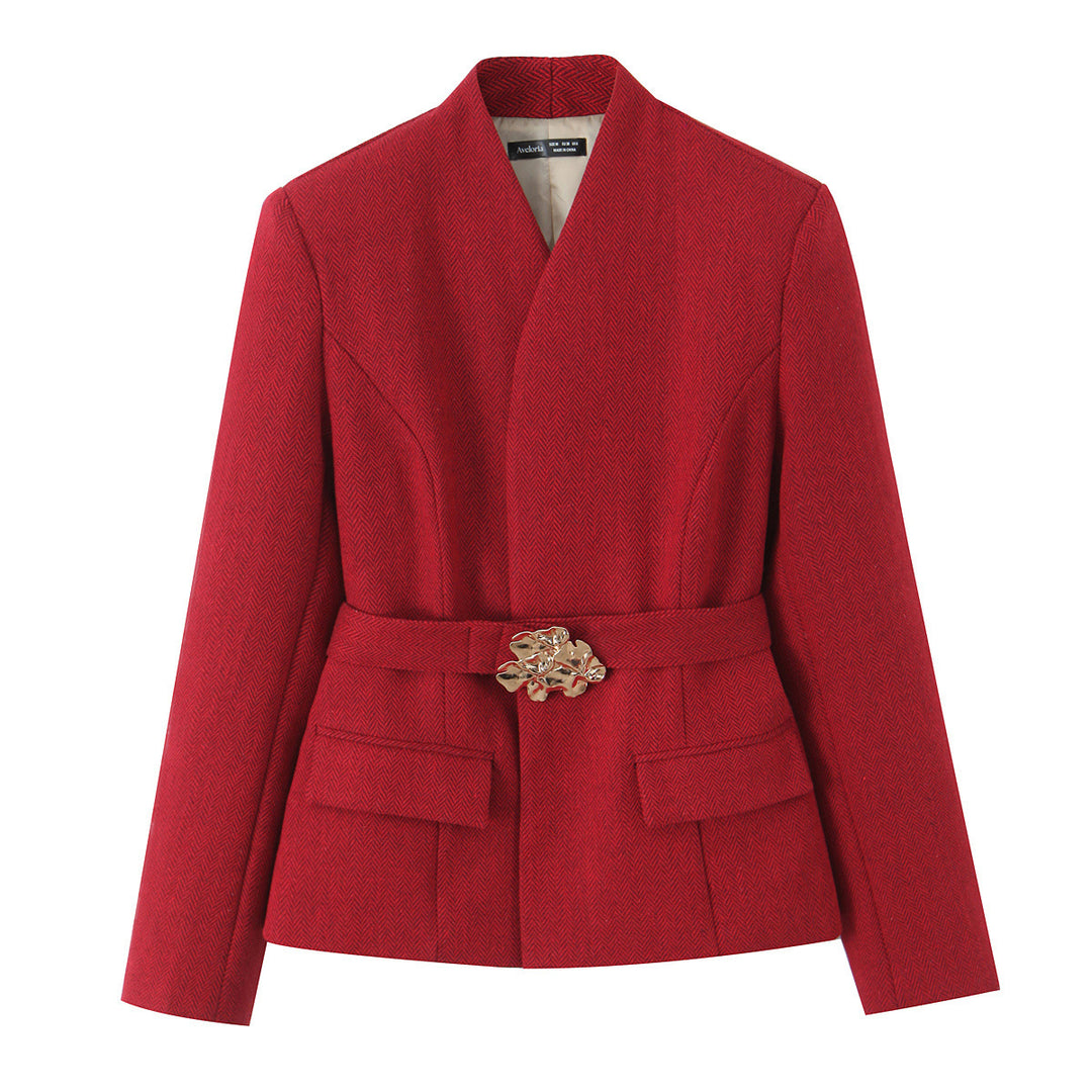 Damen Taillierte Kurzjacke mit Wickelkragen und goldener Zierschließe Shop Nory