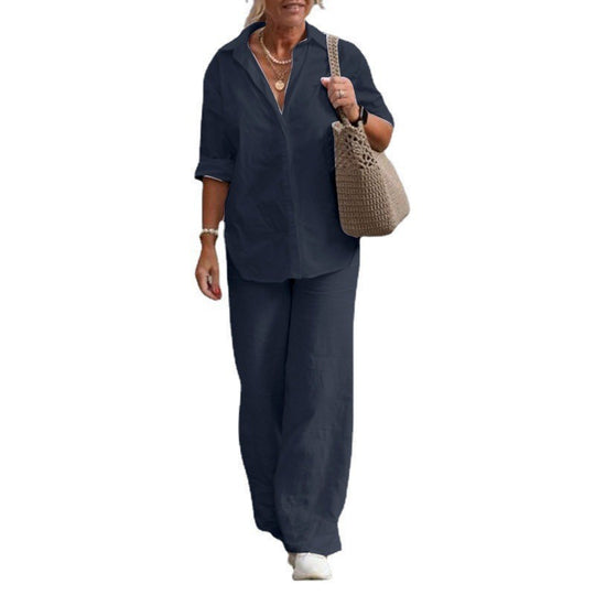 Damen Leichtes Leinen-Optik Zweiteiler mit Oversize-Hemd und weiter Palazzohose Shop Nory