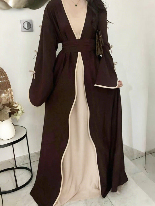 Damen nan elegante Abaya-Kaftan mit weitem Trompetenärmel, kontrastierender Passe und Wickelgürtel Shop Nory