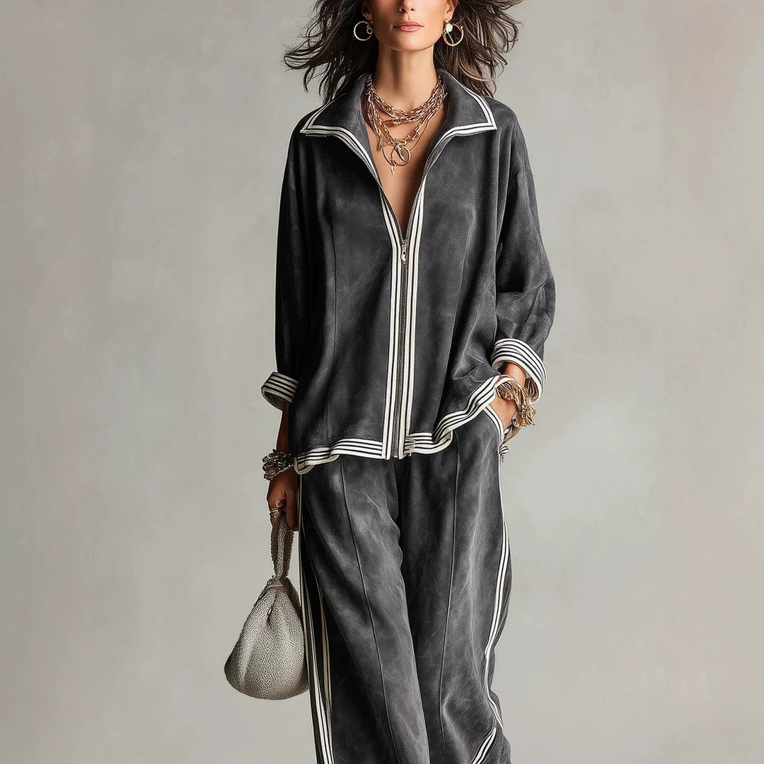 Damen Lässiges Velours-Jogginganzug-Set mit Reißverschluss und Kontraststreifen Shop Nory
