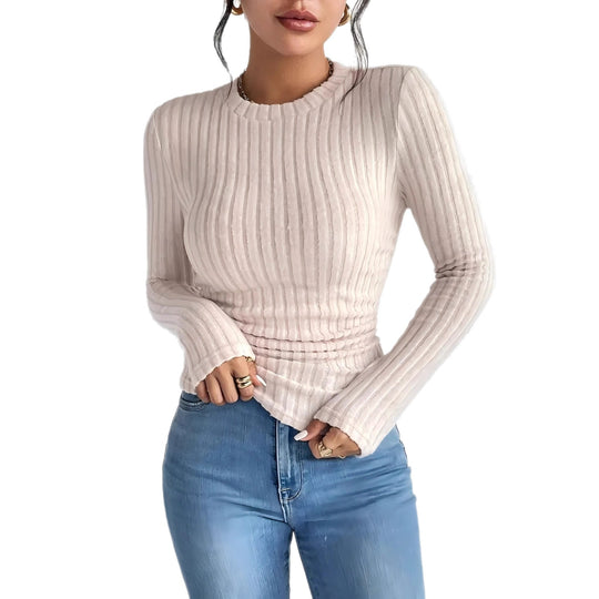 Damen Geripptes Langarmshirt mit vertikaler Plissee‑Optik und taillierter Passform Shop Nory