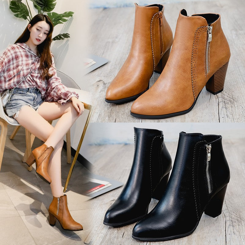 Damen elegante Stiefeletten mit modischem Reißverschluss und komfortablem Blockabsatz